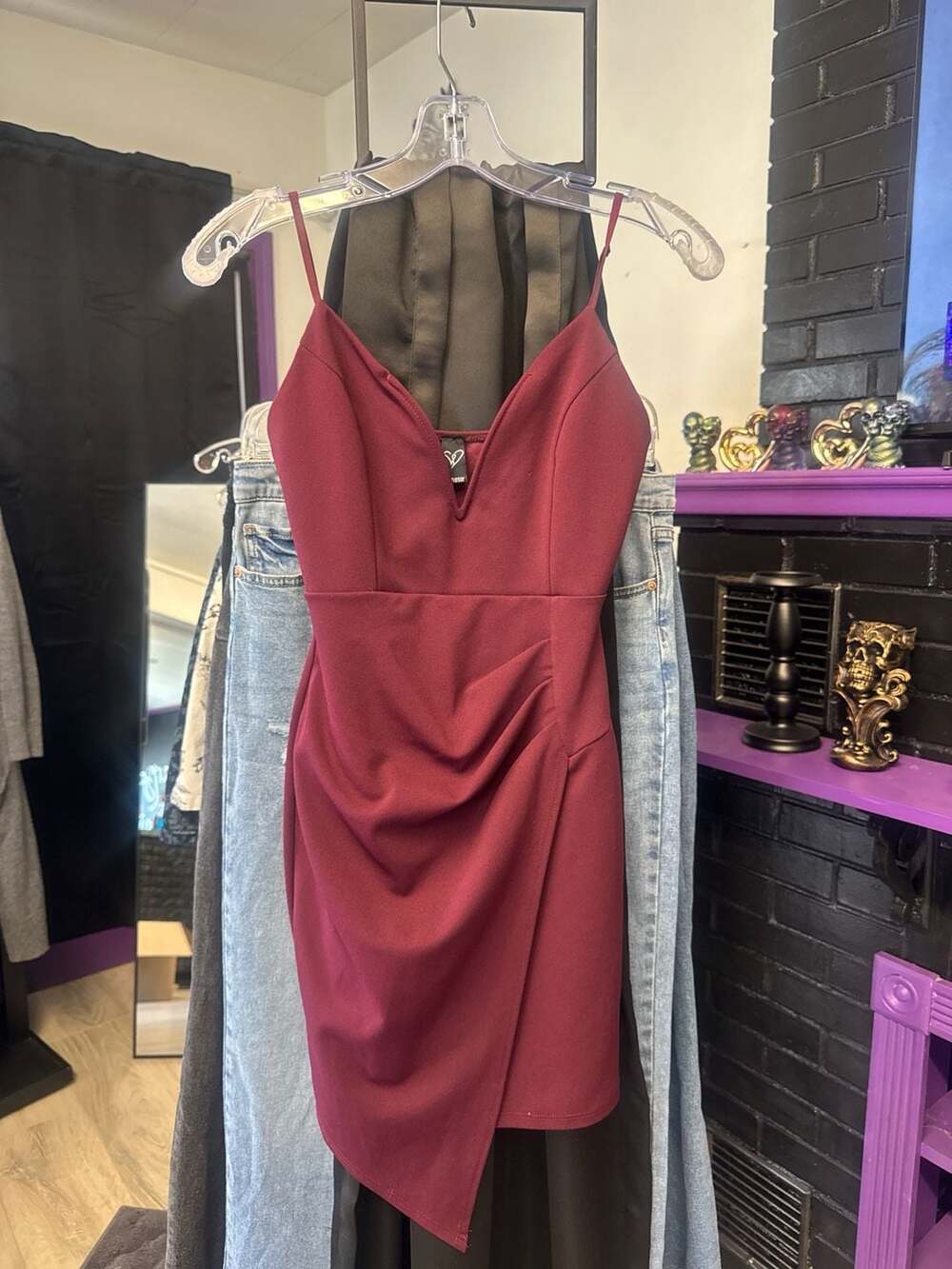 Windsor Burgundy V-Neck Ruched Wrap Mini Dress